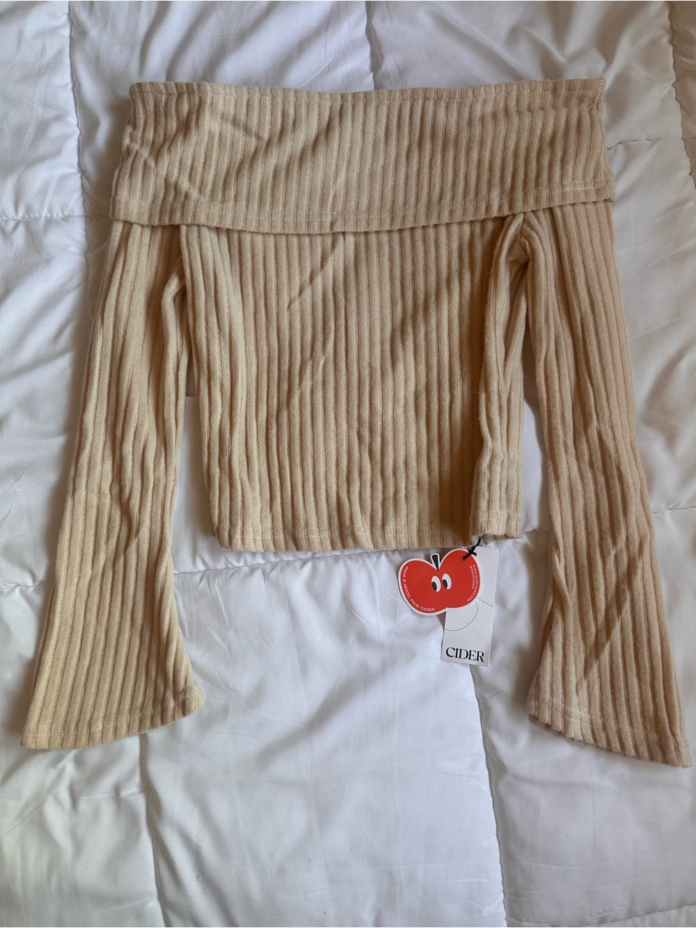 Cider Ribbed Off-Shoulder Tan Top